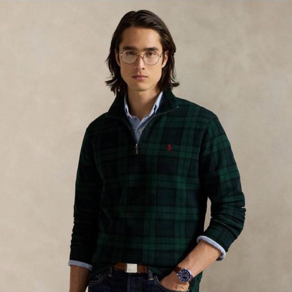 Ralph Lauren Estate Rib Quarter Zip Dark Green Plaid Pullover Cotton